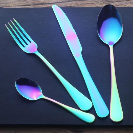 Outline Rainbow cutlery, small fork knife and spoon & big items.