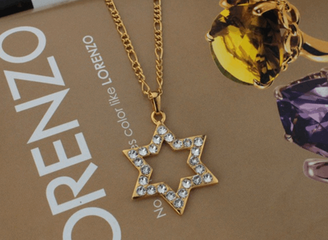 Rhinestone Golden Star of David Pendant Necklace - New Design