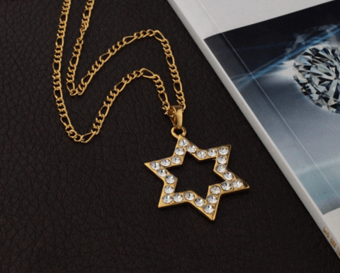 Rhinestone Golden Star of David Pendant Necklace - New Design