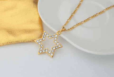 Rhinestone Golden Star of David Pendant Necklace - New Design