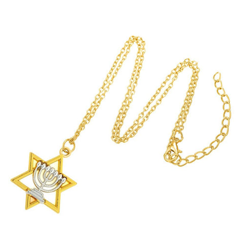 Silver Menorah + Golden Star of David Pendant Necklace - New Design