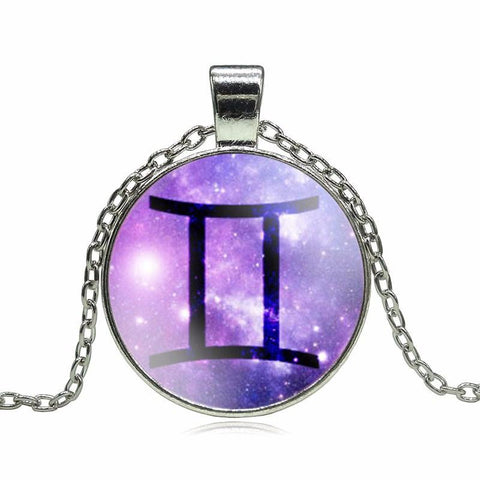 Zodiac Sign Glass Dome Necklace - purple